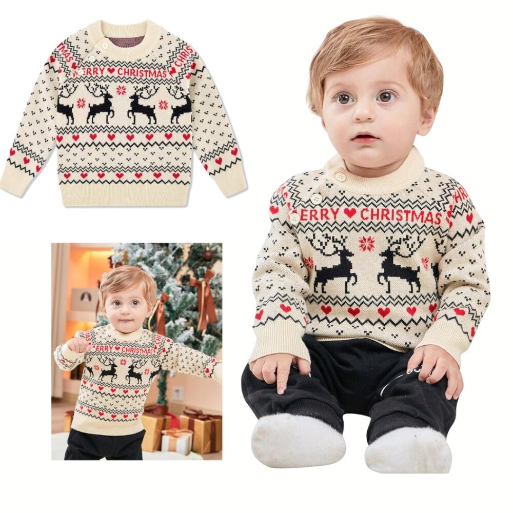 🎄 Baby Christmas Sweater | Reindeer Knit Pullover | Tan | 0-6 Months